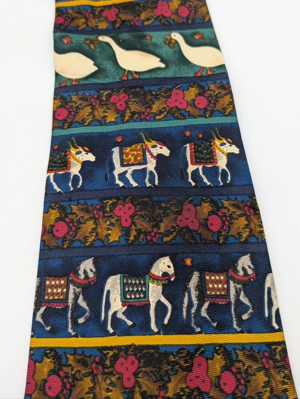Paul Frederick Blue Green Red Goose Horse Whimsical Novelty Italian Silk Tie